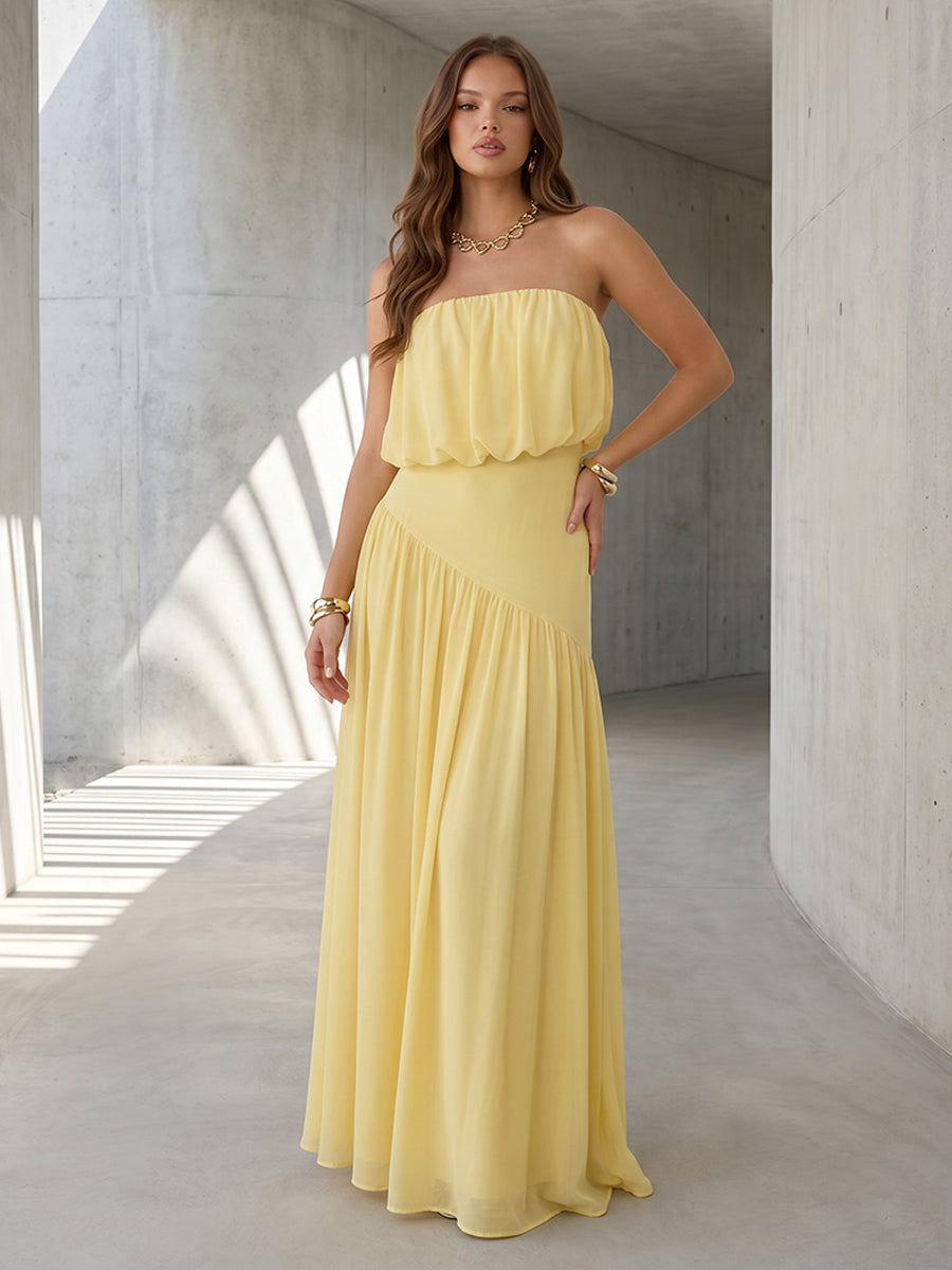 Chiffon A Line Strapless Layered Pleats Formal Dresses