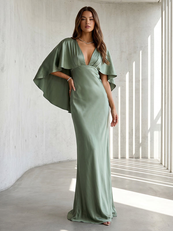 Satin Mermaid V Neck Ruched High Waist Formal Dresses