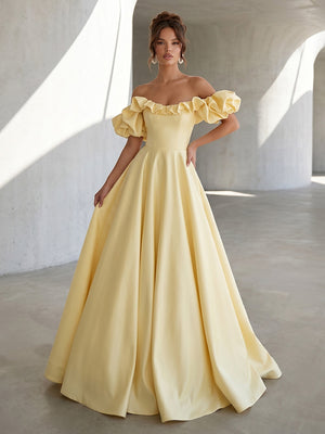 Satin A Line Off the Shoulder Ruffles Ruched Formal Dresses