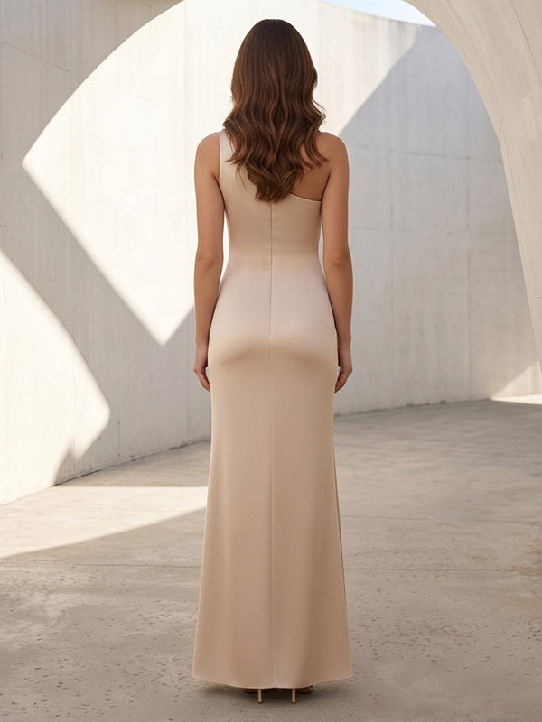 Satin Mermaid One Shoulder Ruched Corset Formal Dresses with Slit