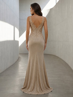 Metallic Satin Mermaid V Neck Lace Appliques Corset Formal Dresses with Slit
