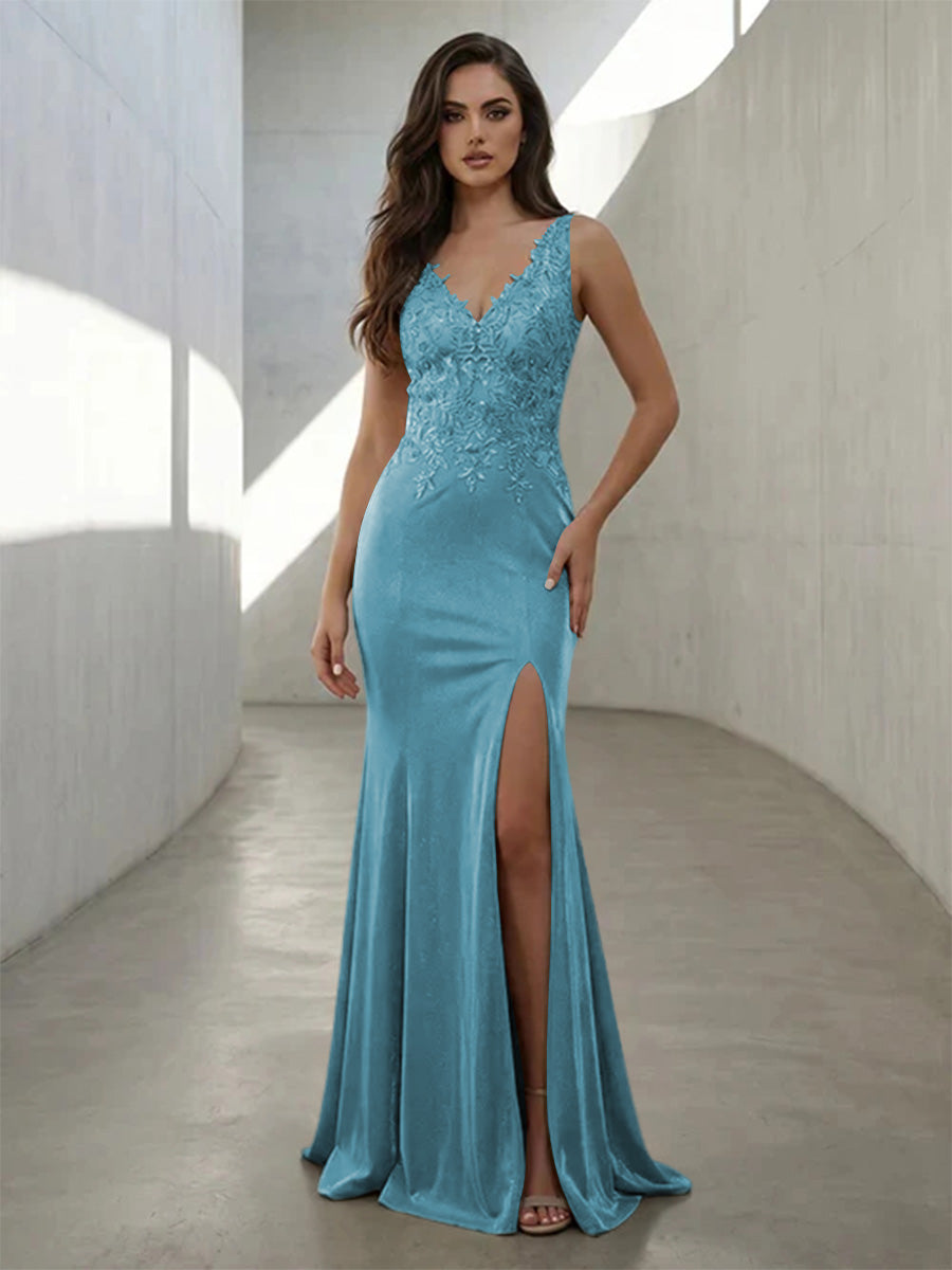 Metallic Satin Mermaid V Neck Lace Appliques Corset Formal Dresses with Slit