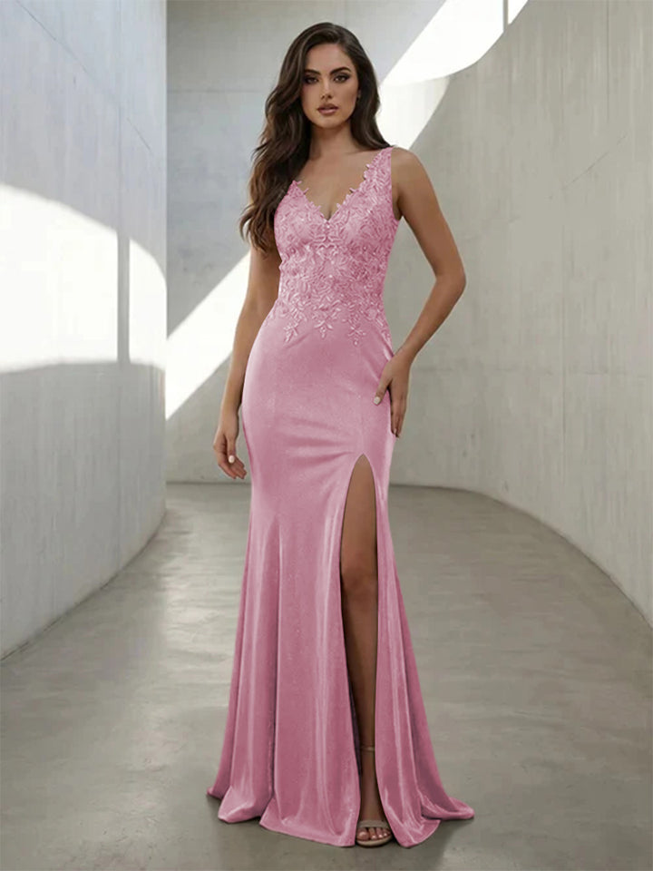 Metallic Satin Mermaid V Neck Lace Appliques Corset Formal Dresses with Slit