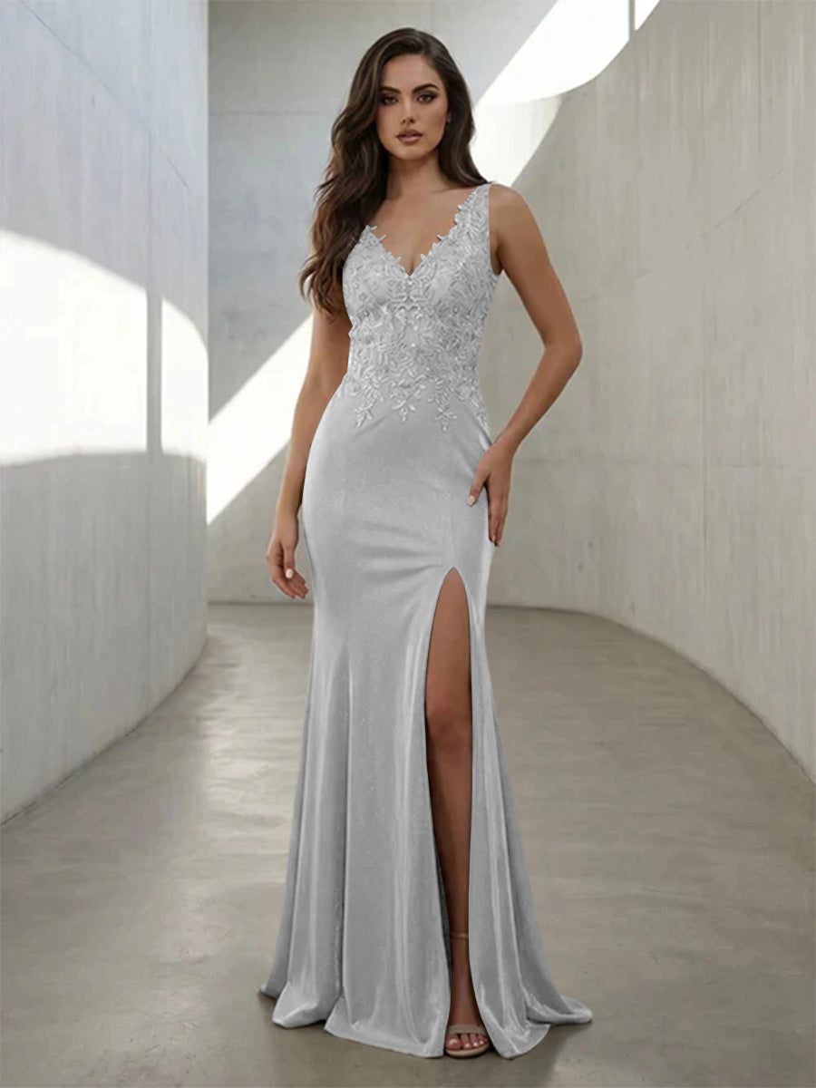 Metallic Satin Mermaid V Neck Lace Appliques Corset Formal Dresses with Slit