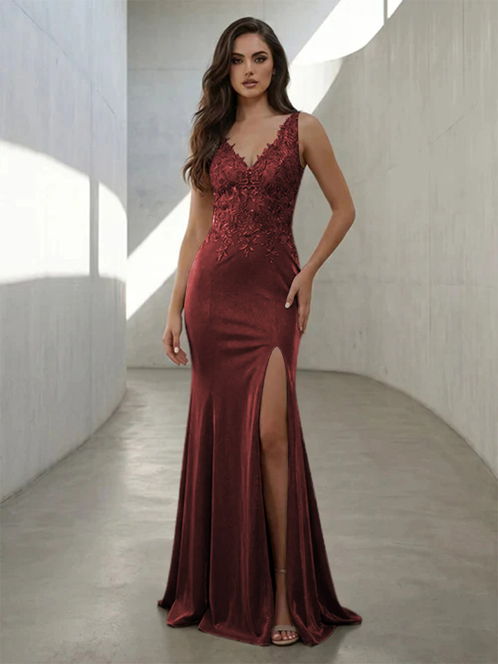 Metallic Satin Mermaid V Neck Lace Appliques Corset Formal Dresses with Slit