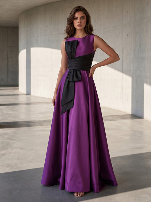 Satin A Line Scoop Neck Ruched High Waist Formal Dresses with Bow