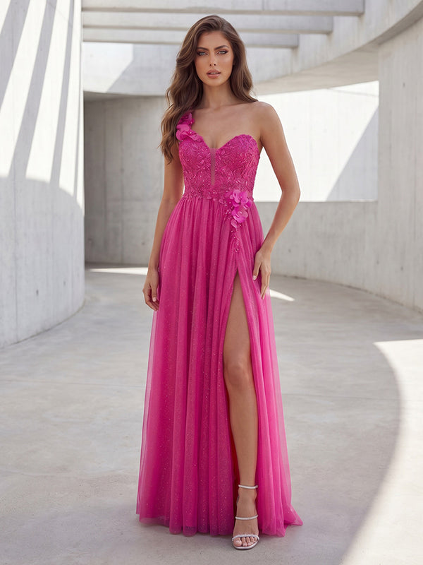 Tulle Mermaid One Shoulder Lace Appliques Ruched Formal Dresses with Slit
