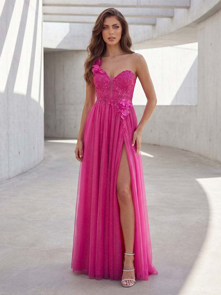 Tulle Mermaid One Shoulder Lace Appliques Ruched Formal Dresses with Slit