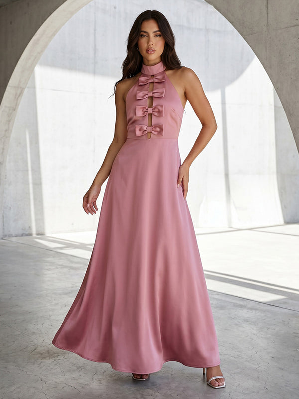 Satin A Line High Neck Ruched Cut Out Formal Dresses with Bow