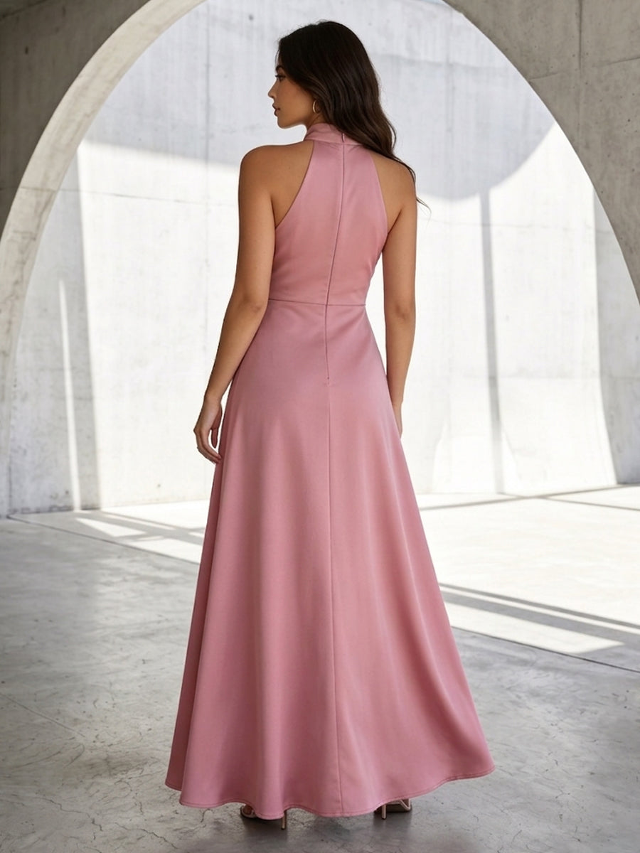 Satin A Line High Neck Ruched Cut Out Formal Dresses with Bow