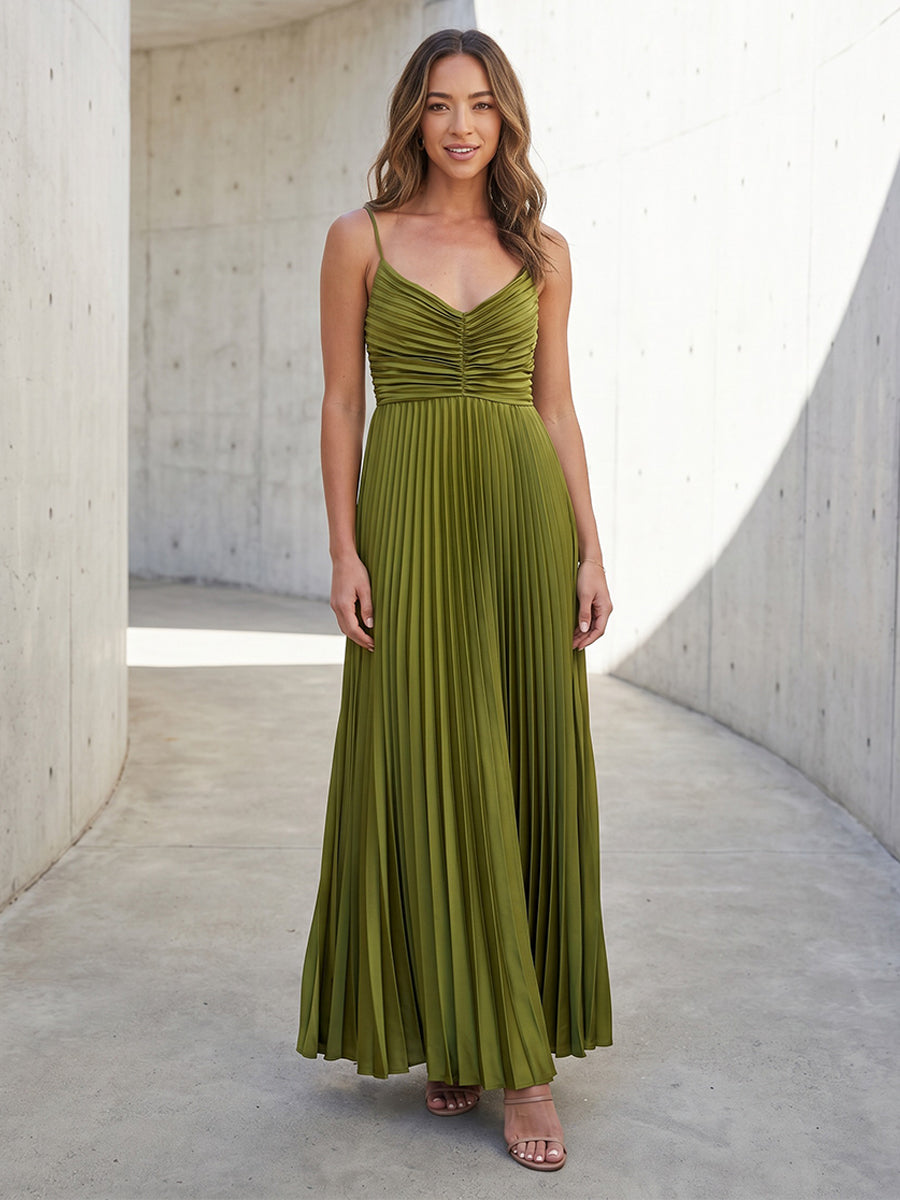 Chiffon A Line V Neck Pleats Spaghetti Straps Formal Dresses