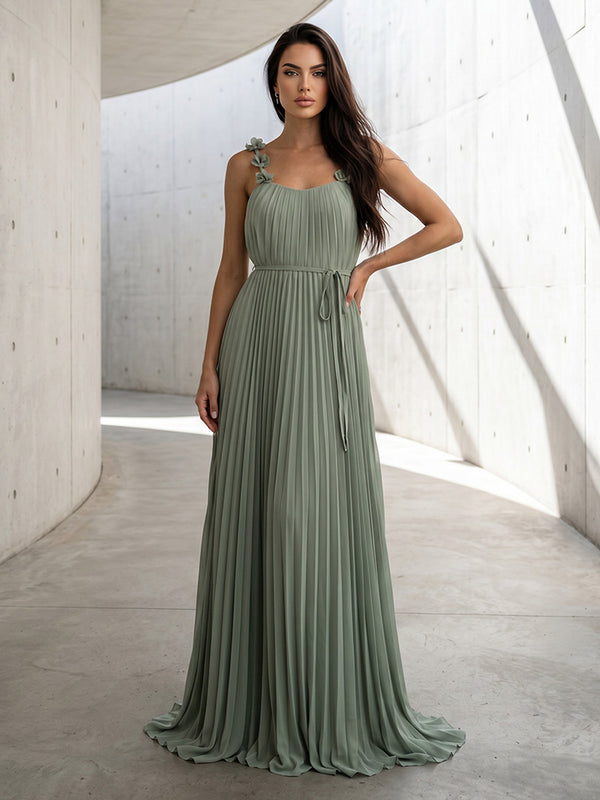 Chiffon A Line Square Neck Pleats High Waist Formal Dresses with 3D Flowers