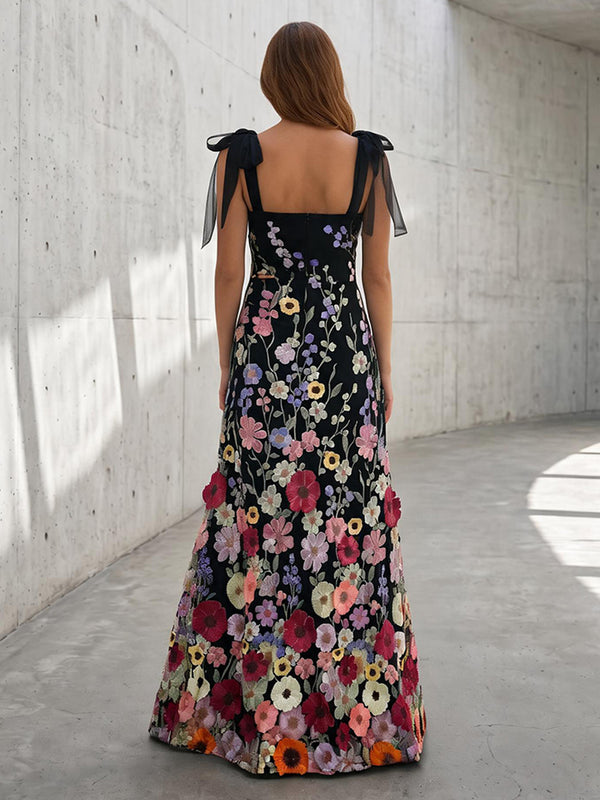 Tulle A Line Square Neck 3D Flowers Ruffles Formal Dresses