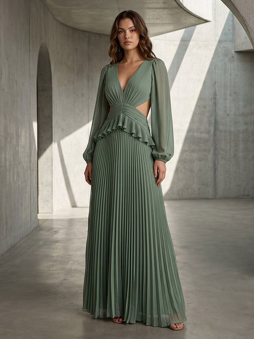 Chiffon A Line V Neck Pleats Cut Out Formal Dresses