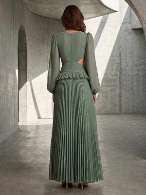 Chiffon A Line V Neck Pleats Cut Out Formal Dresses