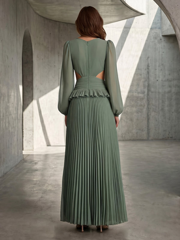 Chiffon A Line V Neck Pleats Cut Out Formal Dresses