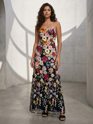 Tulle A Line Strapless Simple 3D Flowers Formal Dresses