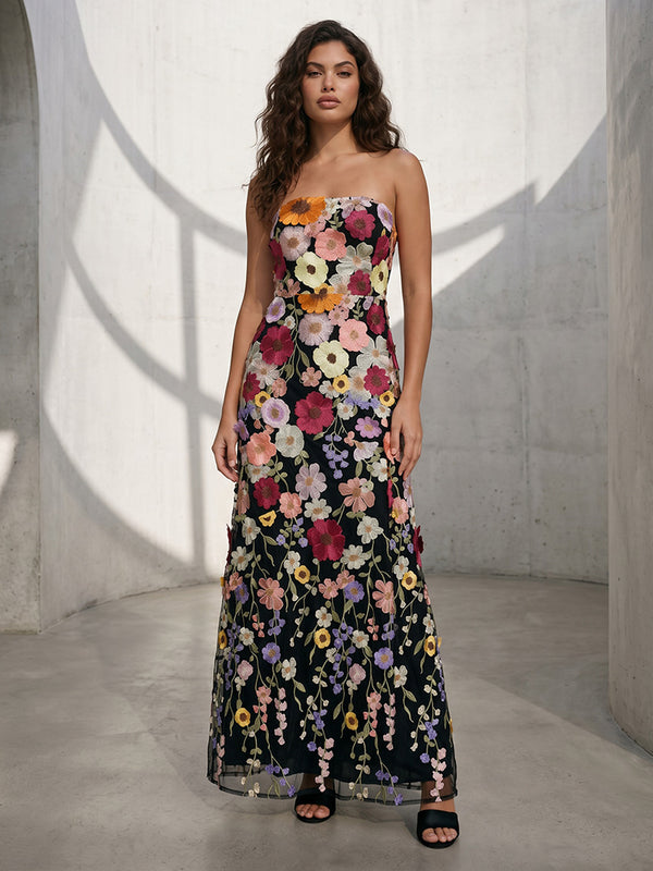 Tulle A Line Strapless Simple 3D Flowers Formal Dresses