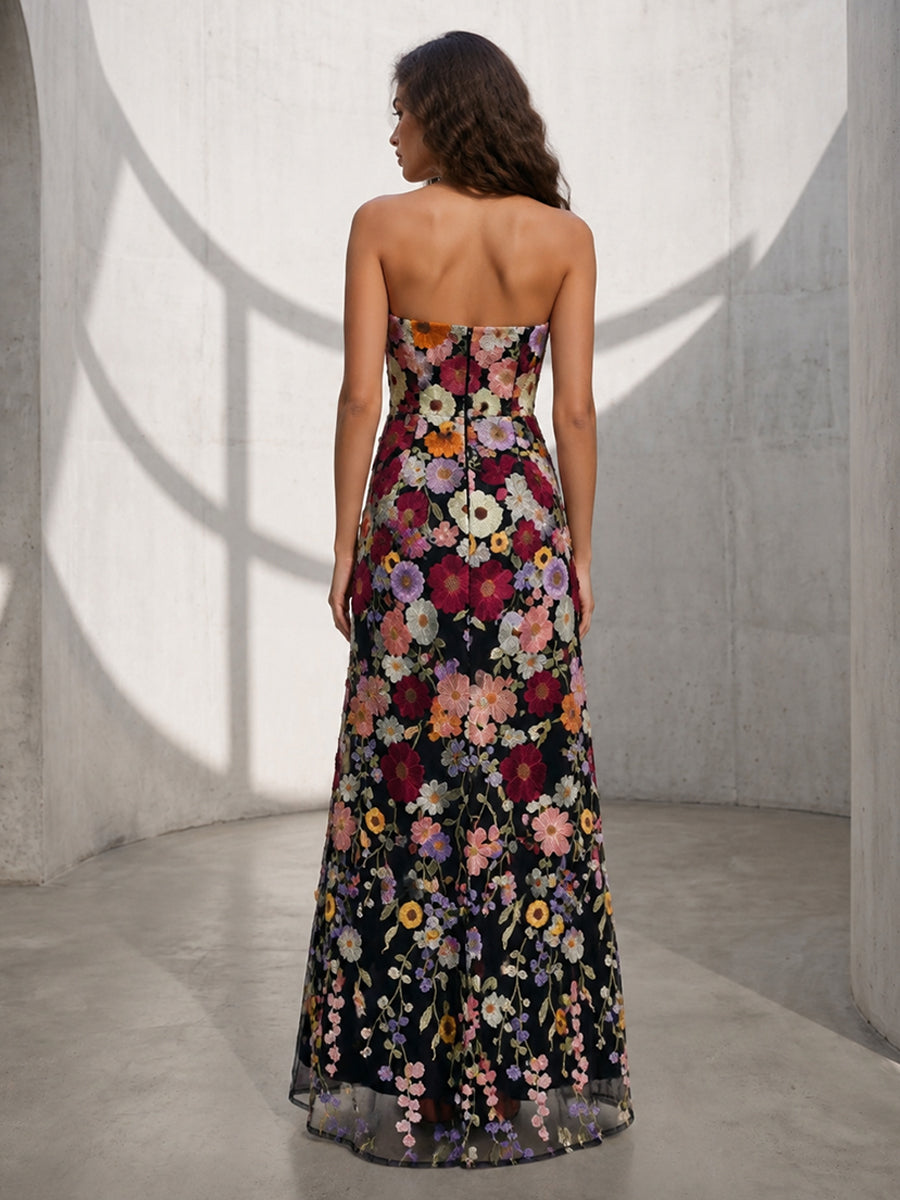 Tulle A Line Strapless Simple 3D Flowers Formal Dresses