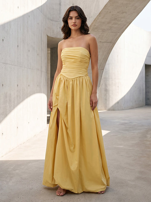 Satin A Line Strapless Ruched Corset Formal Dresses with Slit