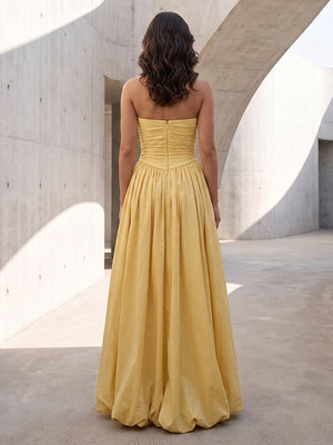 Satin A Line Strapless Ruched Corset Formal Dresses with Slit