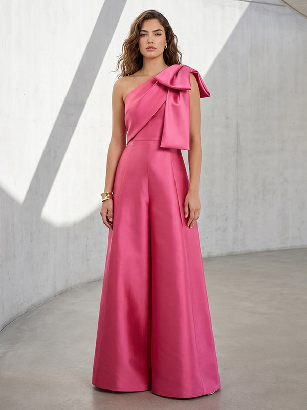 Satin Mermaid One Shoulder Bow Ruched Formal Pantsuits