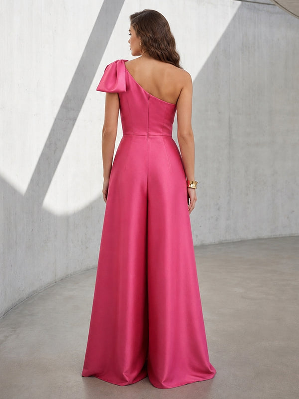 Satin Mermaid One Shoulder Bow Ruched Formal Pantsuits