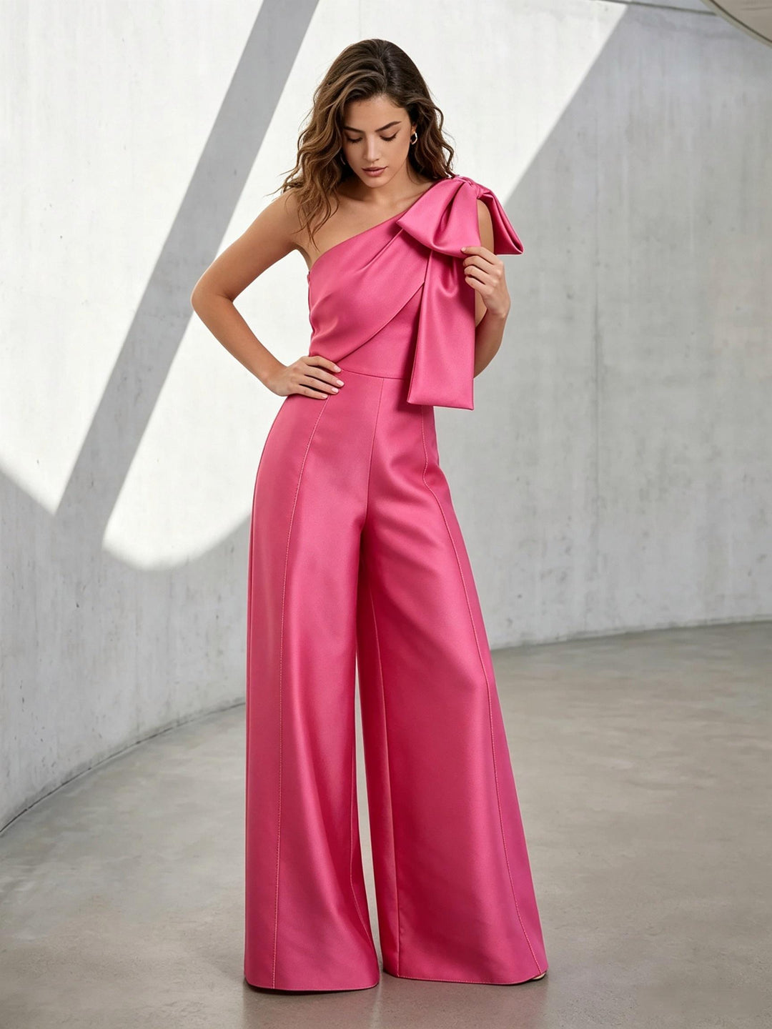 Satin A Line One Shoulder Bow Straps Ruched Formal Pantsuits