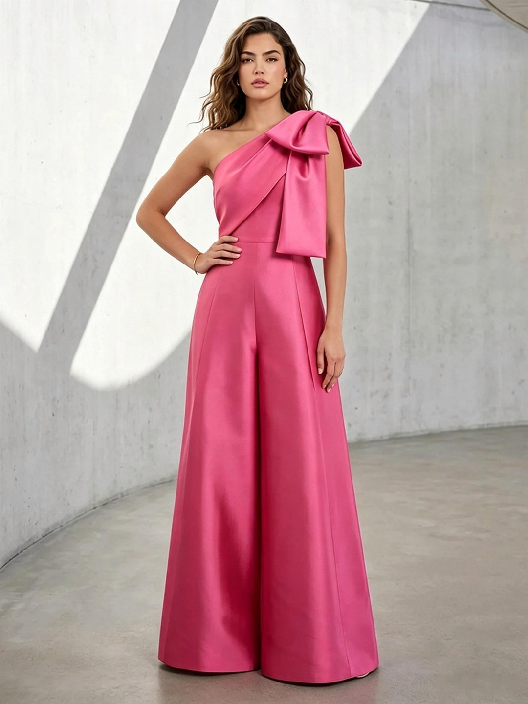 Satin A Line One Shoulder Bow Straps Ruched Formal Pantsuits