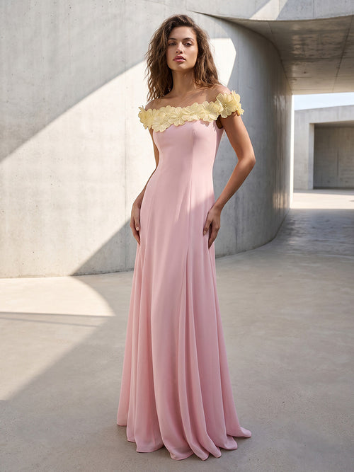 Chiffon Mermaid Off the Shoulder 3D Flowers Ruched Formal Dresses