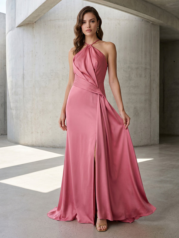 Satin A Line Halter Ruched Corset Formal Dresses with Slit