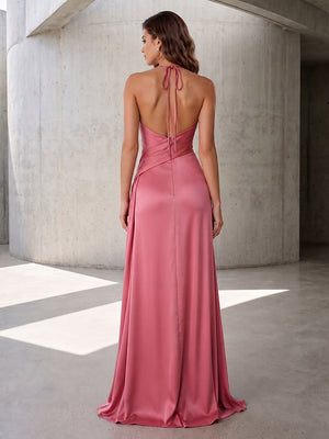 Satin A Line Halter Ruched Corset Formal Dresses with Slit