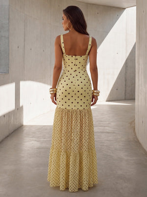 Satin A Line Square Neck Ruched Polka Dot Formal Dresses