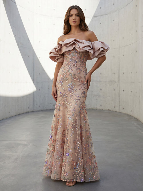 Tulle A Line Off the Shoulder Ruffles Lace Appliques Formal Dresses