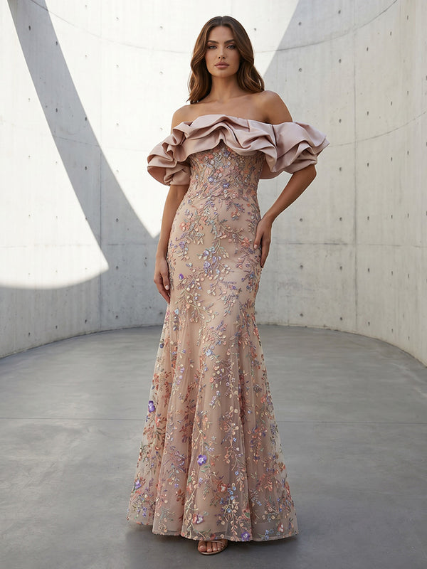 Tulle A Line Off the Shoulder Ruffles Lace Appliques Formal Dresses