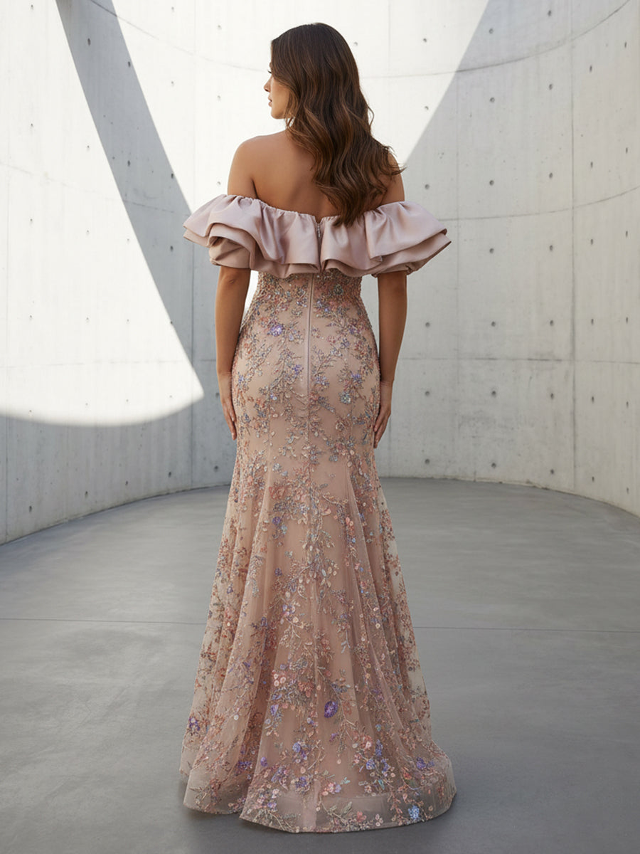 Tulle A Line Off the Shoulder Ruffles Lace Appliques Formal Dresses
