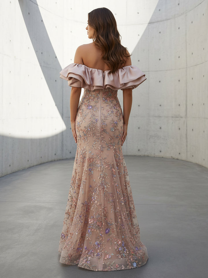 Tulle A Line Off the Shoulder Ruffles Lace Appliques Formal Dresses