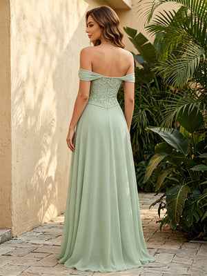A Line Off the Shoulder Ruched Pleats Formal Dresses with Slit