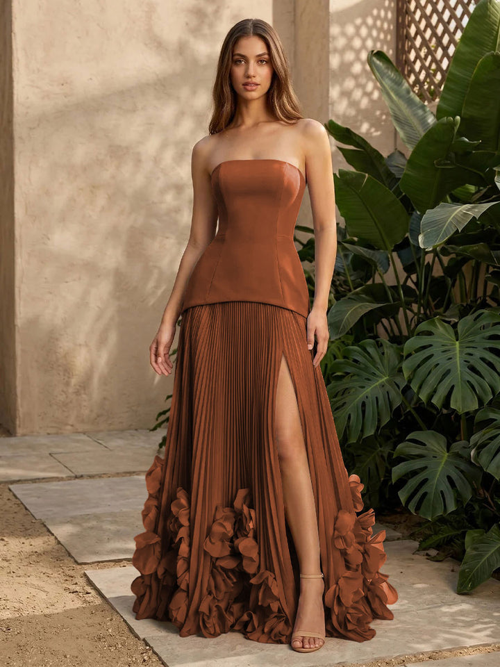 Satin A Line Strapless Pleats with 3D Flowers Formal Dresses