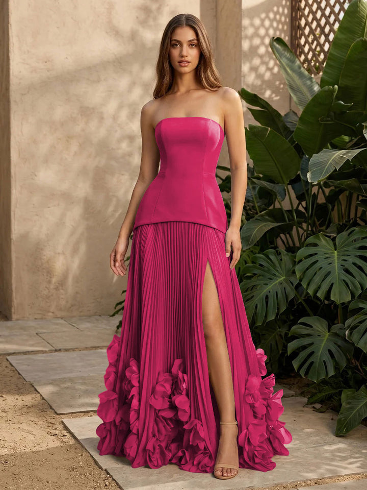 Satin A Line Strapless Pleats with 3D Flowers Formal Dresses