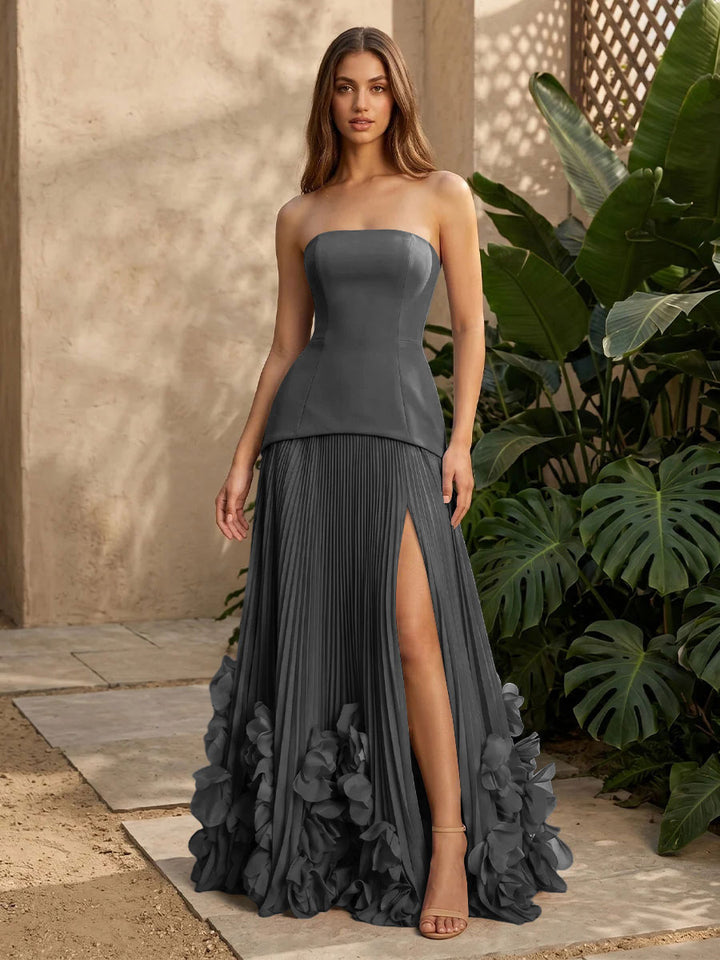 Satin A Line Strapless Pleats with 3D Flowers Formal Dresses