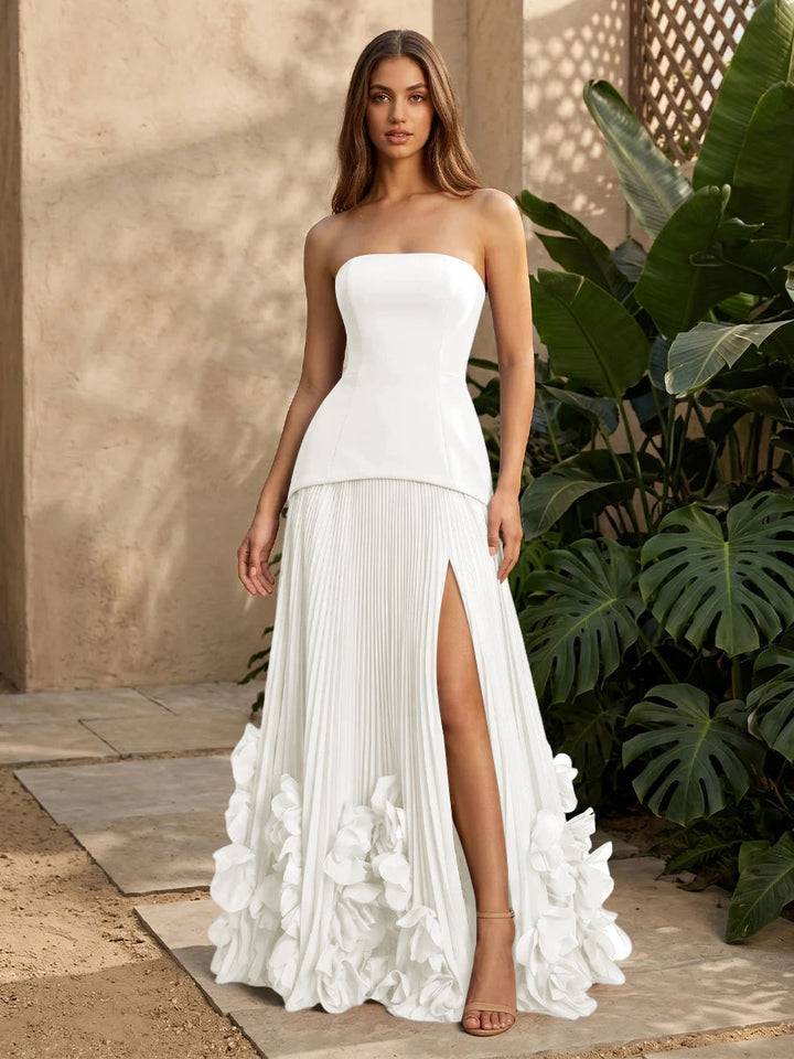 Satin A Line Strapless Pleats with 3D Flowers Formal Dresses