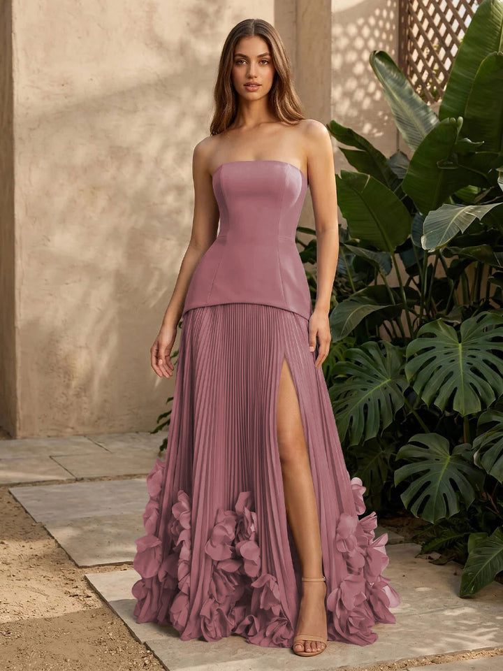 Satin A Line Strapless Pleats with 3D Flowers Formal Dresses