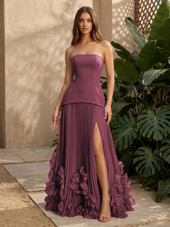 Satin A Line Strapless Pleats with 3D Flowers Formal Dresses
