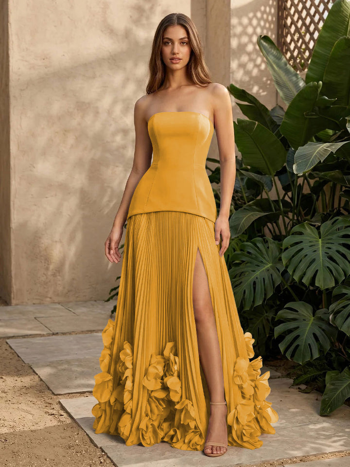 Satin A Line Strapless Pleats with 3D Flowers Formal Dresses