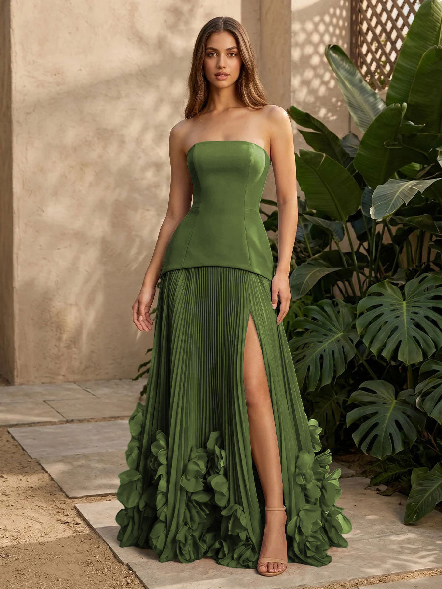 Satin A Line Strapless Pleats with 3D Flowers Formal Dresses