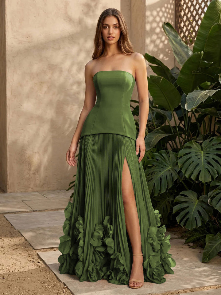 Satin A Line Strapless Pleats with 3D Flowers Formal Dresses