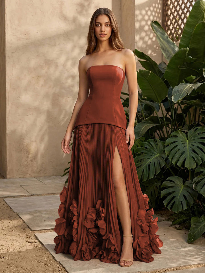 Satin A Line Strapless Pleats with 3D Flowers Formal Dresses