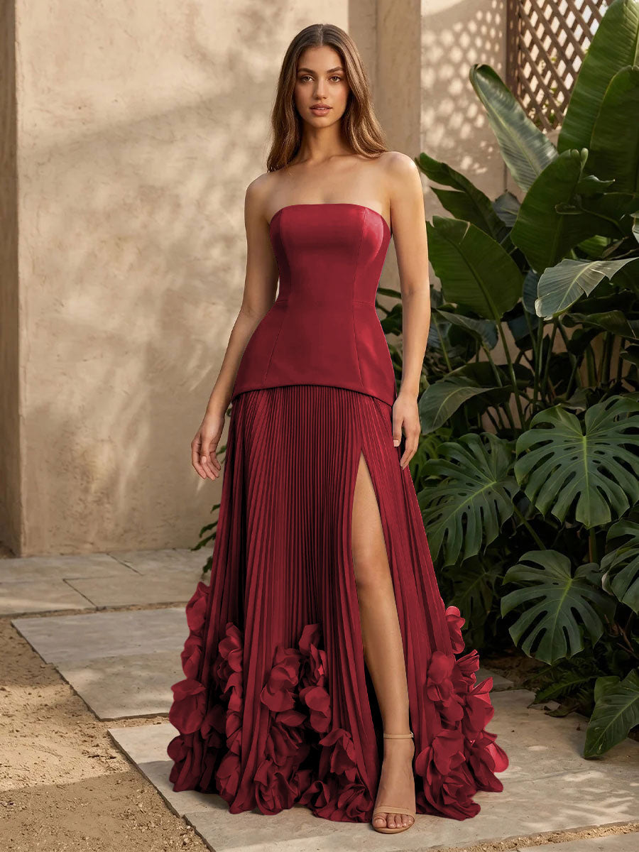 Satin A Line Strapless Pleats with 3D Flowers Formal Dresses