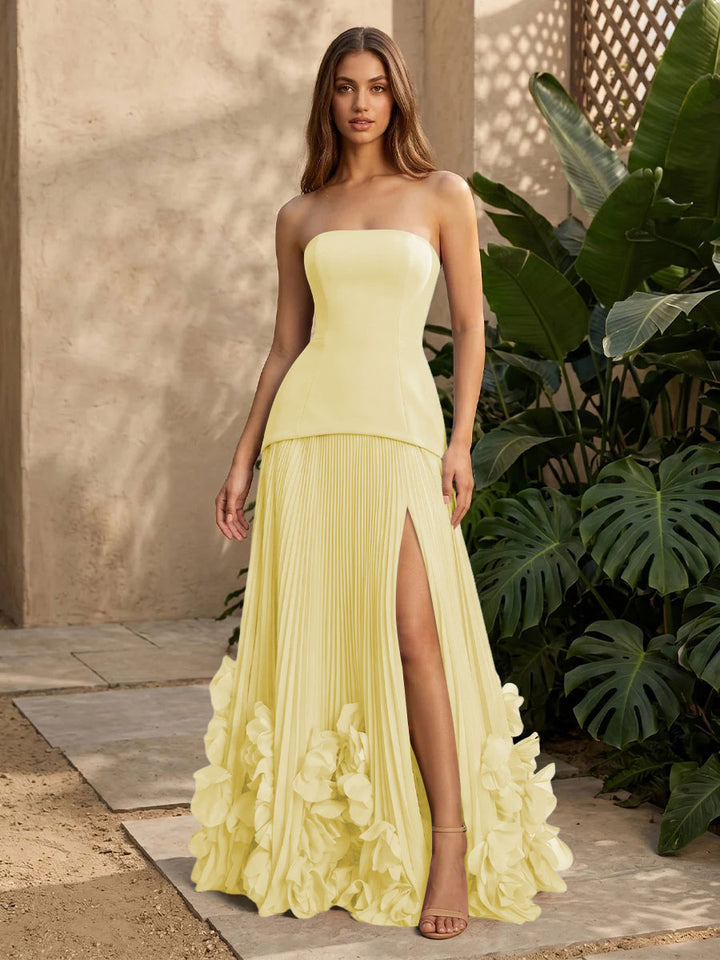Satin A Line Strapless Pleats with 3D Flowers Formal Dresses
